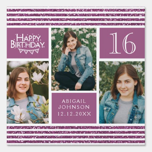 Pink Glitter Photo Collage Any Age Happy Birthday Sign