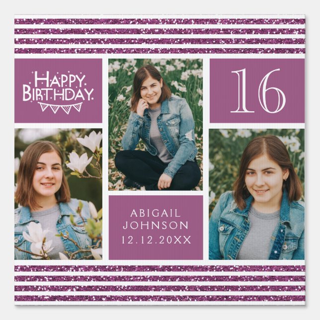 Pink Glitter Photo Collage Any Age Happy Birthday Sign (Front)