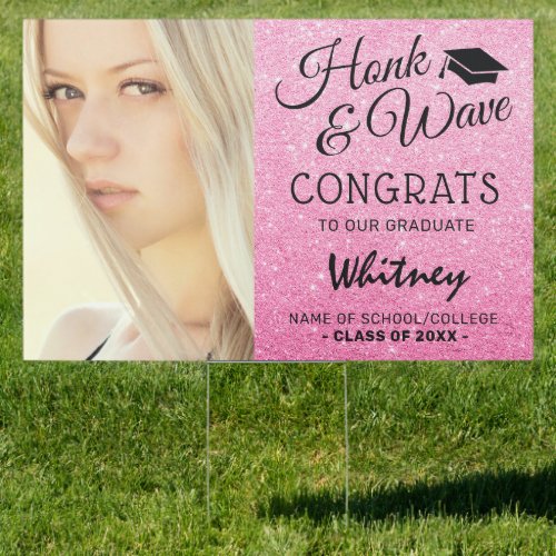 Pink Glitter Photo Graduation Congratulations Sign - Girly graduation 2022 yard sign featuring a sparkly pink glitter background, a photo of the graduate, a graduation cap, and a congratulations template that is easy to personalize.