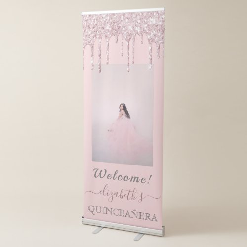 Pink glitter photo Quinceanera party rose gold Retractable Banner