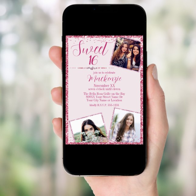 Pink Glitter & Photos Sweet 16 Birthday Party Invitation (Front Digital)
