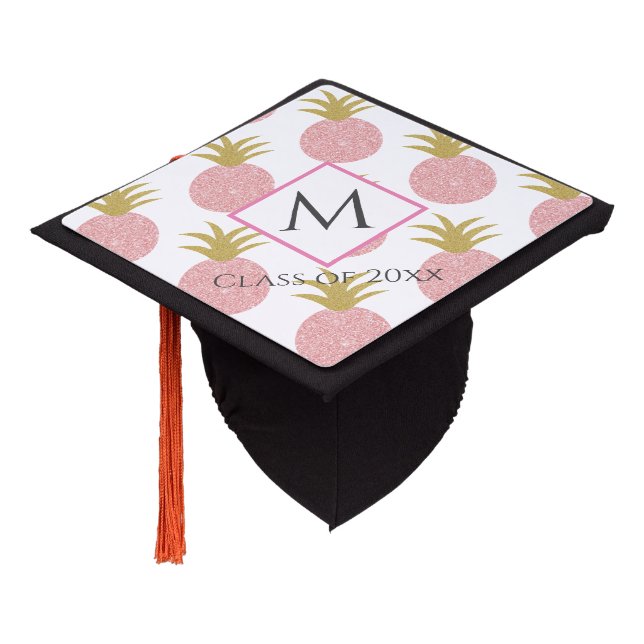 Pink Glitter Pineapple Monogram Graduation Cap Topper (Angled)