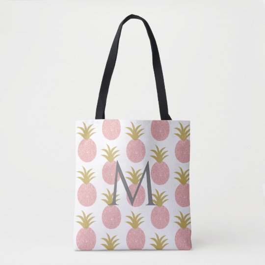 Pink Glitter Pineapple Monogram Tote Bag