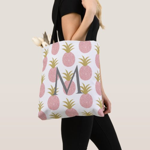 Pink Glitter Pineapple Monogram Tote Bag