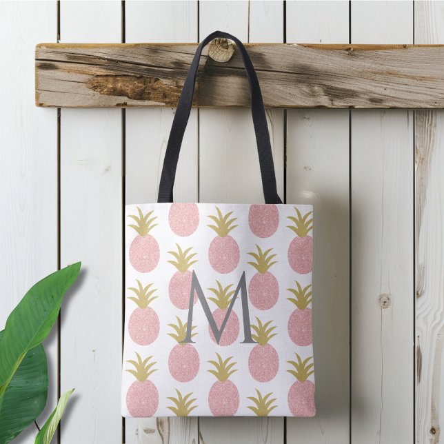 Pink Glitter Pineapple Monogrammed Tote Bag (Creator Uploaded)