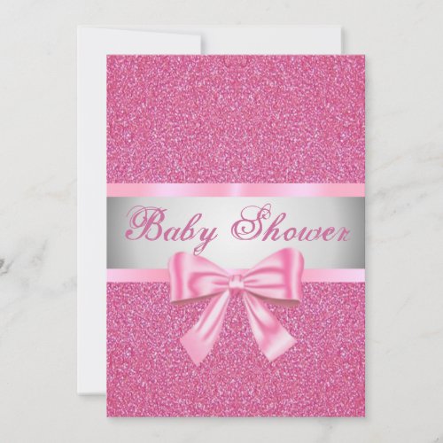 Pink Glitter Pink Bow Baby Shower Invitation