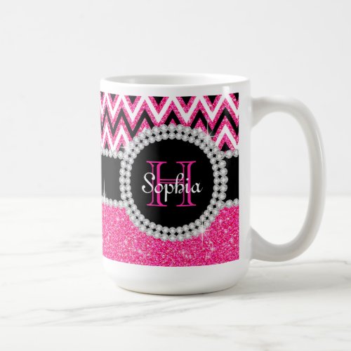 Pink Glitter Pink Chevron Monogrammed Coffee Mug