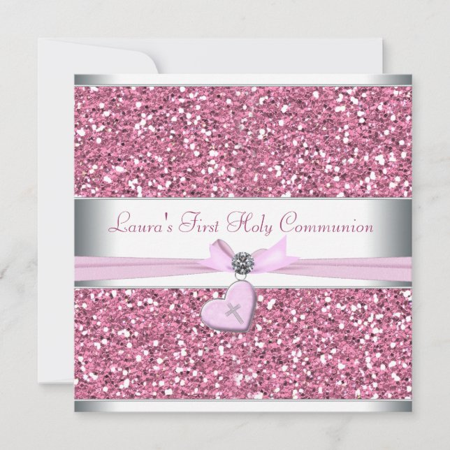 Pink Glitter Pink Cross First Communion Invitation (Front)