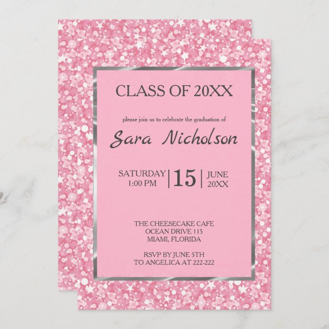 Pink Glitter Pink-Silver Frame Invitation (Front/Back)