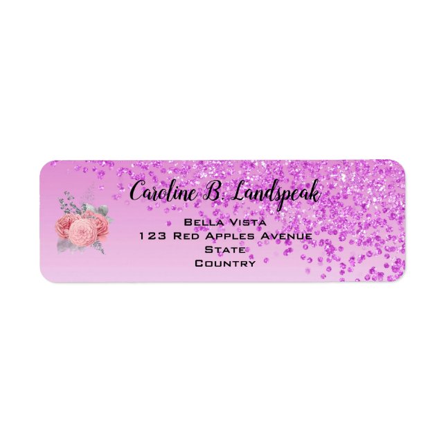 Pink Glitter, Pink Silver Roses Sweet 16 Label (Front)