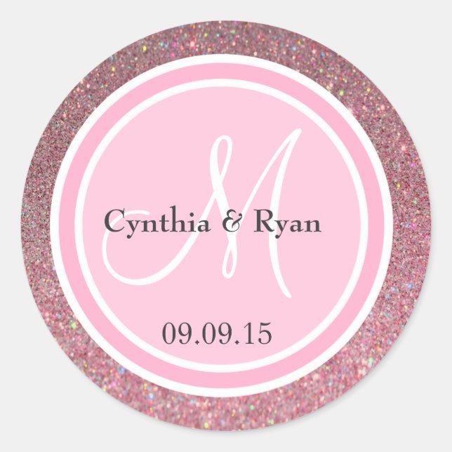 Pink Glitter & Pink Wedding Monogram Classic Round Sticker (Front)