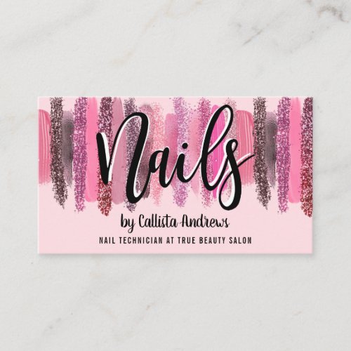 Pink Glitter Polish Brushstrokes Nail Technician B Business Card