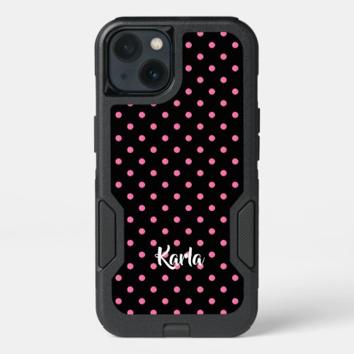 Pink glitter polkadots pattern on black background iPhone 13 case