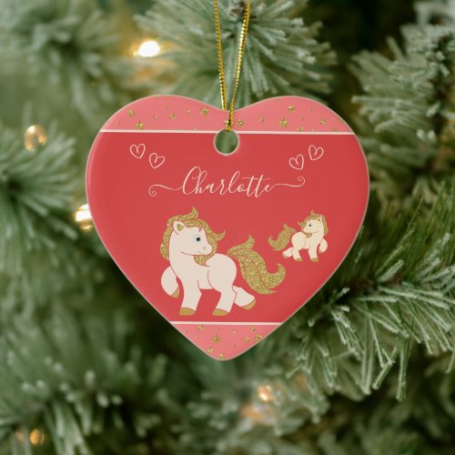 Pink Glitter Ponies w Name Little Girl Christmas Ceramic Ornament