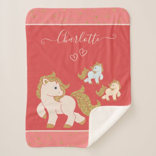 Pink Glitter Ponies with First Name Baby Girl Sherpa Blanket