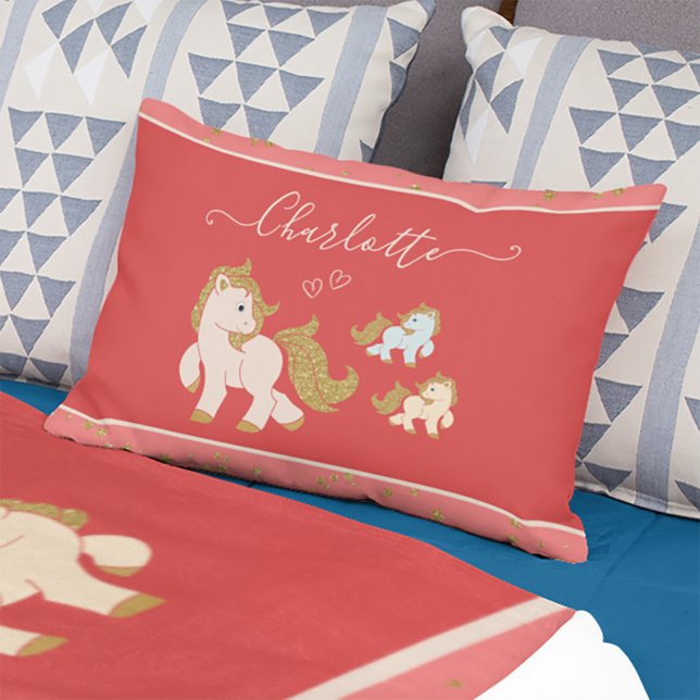 Pink Glitter Ponies with First Name Little Girl Accent Pillow (Creator Uploaded)