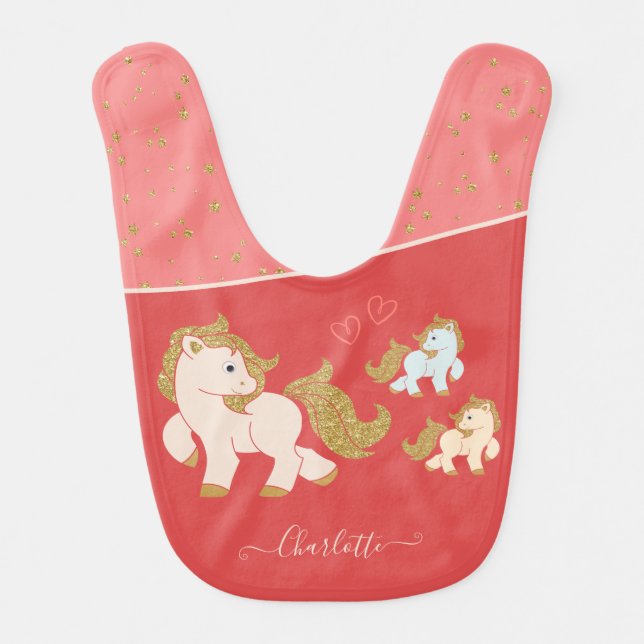 Pink Glitter Ponies with First Name Little Girl Baby Bib (Front)