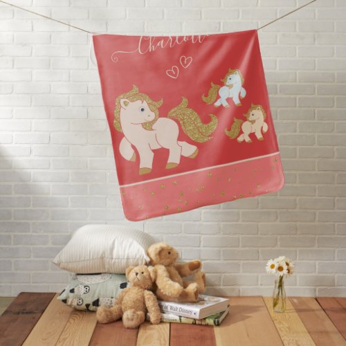 Pink Glitter Ponies with First Name Little Girl Baby Blanket