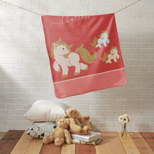Pink Glitter Ponies with First Name Little Girl Baby Blanket (In Situ)