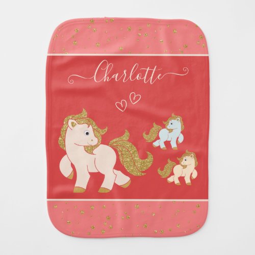 Pink Glitter Ponies with First Name Little Girl Baby Burp Cloth