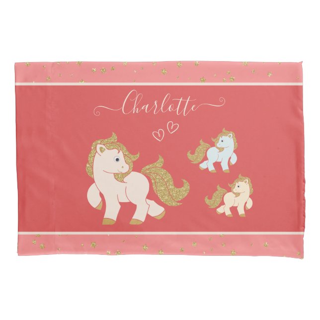 Pink Glitter Ponies with First Name Little Girl Pillow Case (Front)