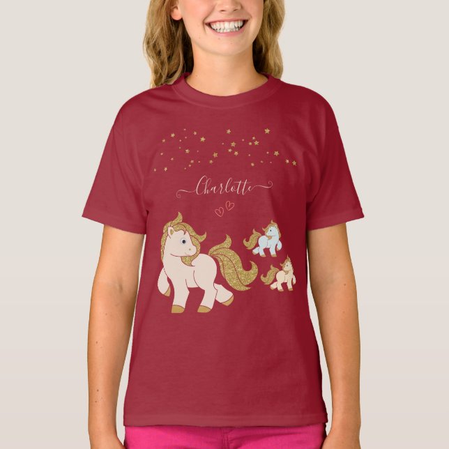 Pink Glitter Ponies with First Name Little Girl T-Shirt (Front)