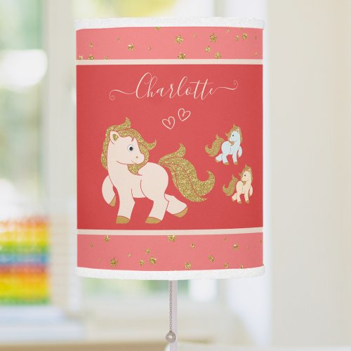 Pink Glitter Ponies with First Name Little Girl Table Lamp