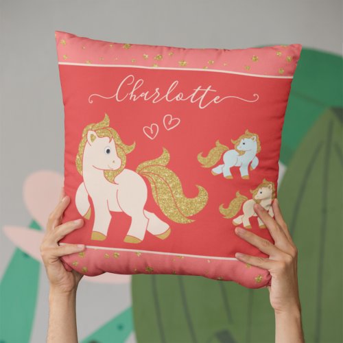 Pink Glitter Ponies with First Name Little Girl Throw Pillow
