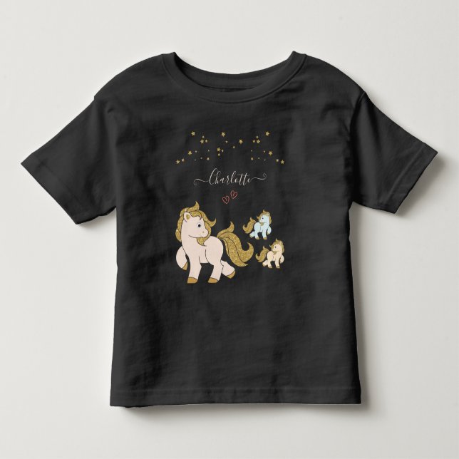 Pink Glitter Ponies with First Name Little Girl Toddler T-shirt (Front)