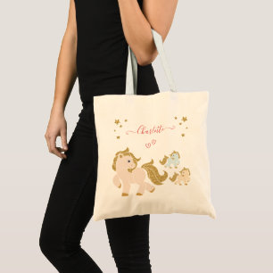Pink Glitter Ponies with First Name Little Girl Tote Bag