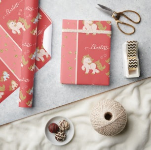 Pink Glitter Ponies with First Name Little Girl Wrapping Paper