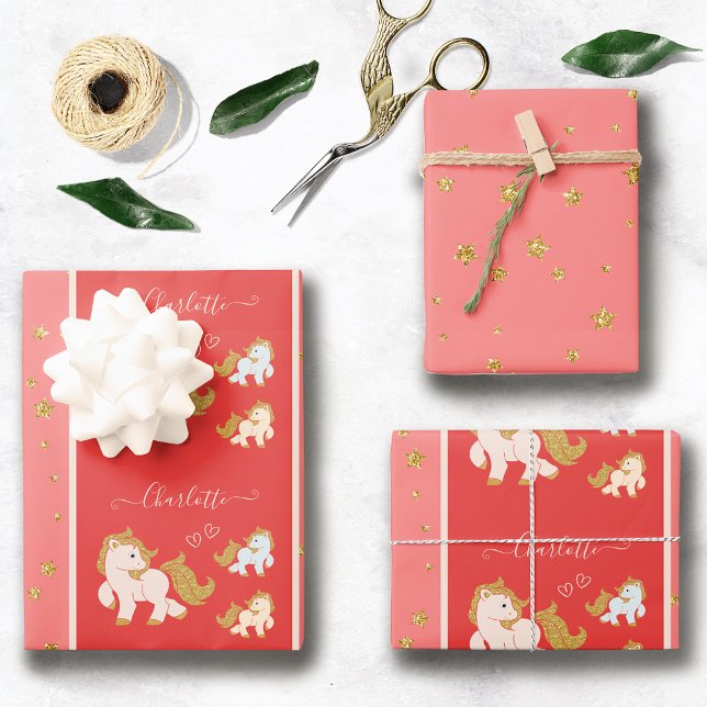 Pink Glitter Ponies with First Name Little Girl Wrapping Paper Sheets (Creator Uploaded)