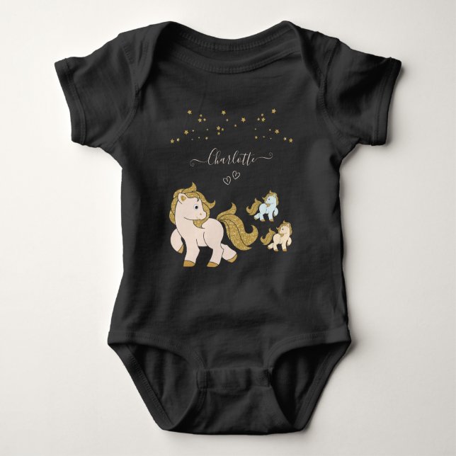Pink Glitter Ponies with Gold Stars First Name Baby Bodysuit (Front)