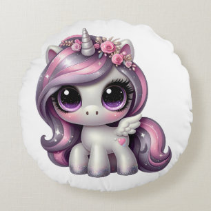 Pink glitter pony unicorn round pillow