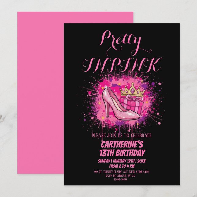 Pink Glitter Pretty in Pink Birthday Party  Invitation (Front/Back)