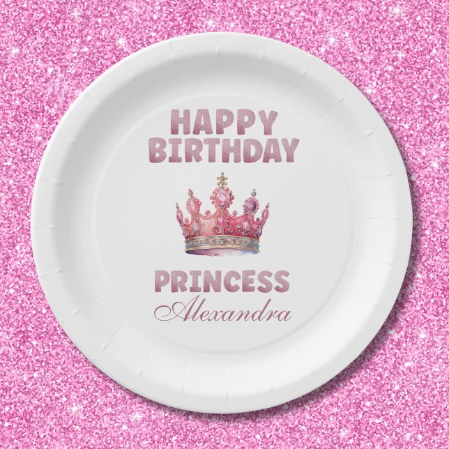 Pink Glitter Princess Crown Fairytale Birthday Paper Plates (Creator Uploaded)