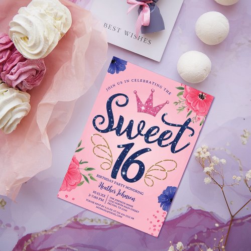 Pink Glitter Princess Crown Sweet 16 Birthday Invitation