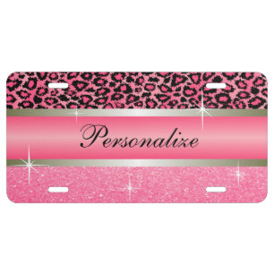 Pink Glitter Print & Leopard Animal Personalize License Plate