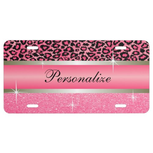 Pink Glitter Print  Leopard Animal  Personalize License Plate