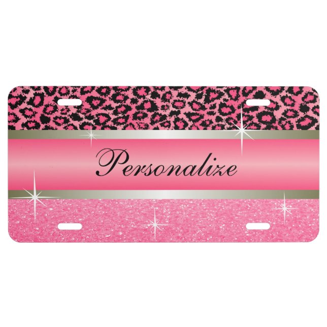 Pink Glitter Print & Leopard Animal | Personalize License Plate (Front)
