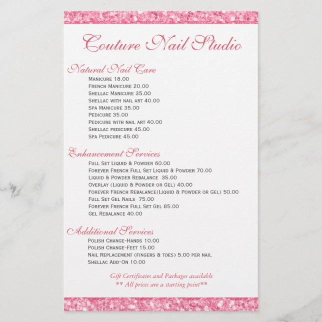Pink Glitter Print Nails Menu List Flyer (Front)
