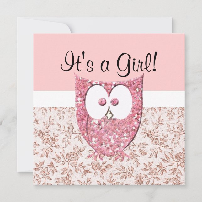 Pink Glitter (printed) Baby Owl Shower Invitation (Front)