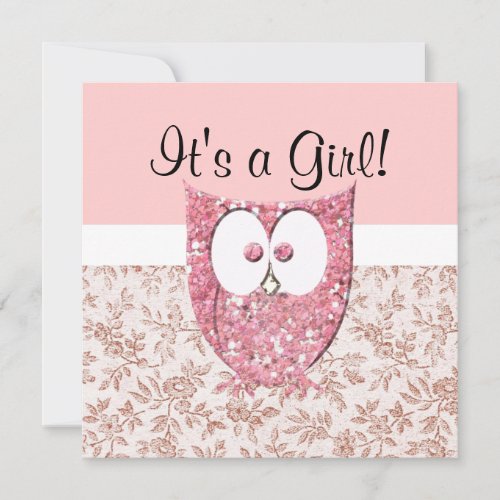Pink Glitter Baby Owl Shower Invitation