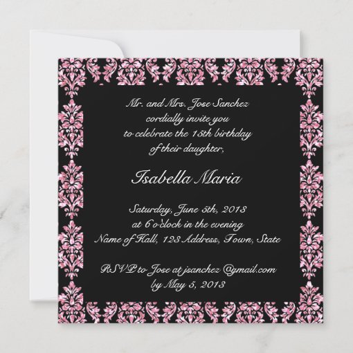 PINK GLITTER PRINTED, BLACK DAMASK QUINCEANERA INVITATION | Zazzle