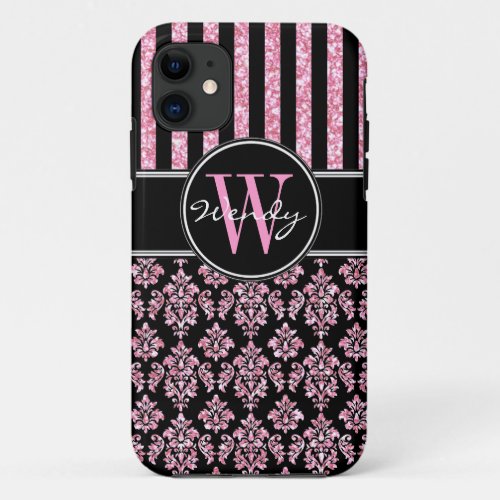 Pink Glitter Printed Black Damask Your Name iPhone 11 Case