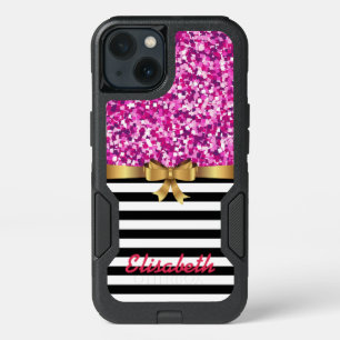 PINK glitter printed blackSTRIPE GOLD BOW monogram iPhone 13 Case