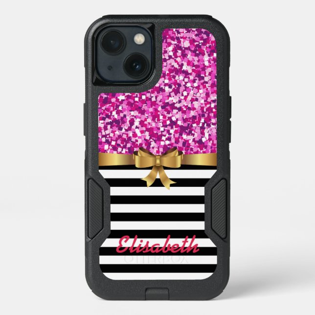 PINK glitter printed blackSTRIPE GOLD BOW monogram Otterbox iPhone Case (Back)