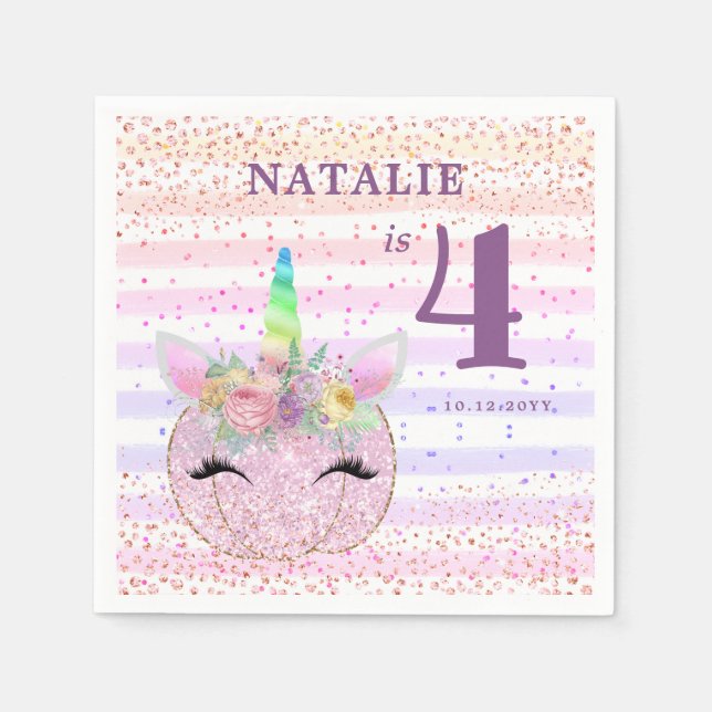 Pink Glitter Pumpkin Unicorn 4th Birthday Napkins (Front)