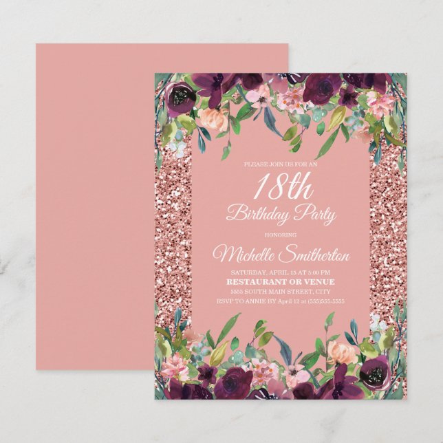 Pink Glitter Purple Floral 18th Birthday Card (Front/Back)
