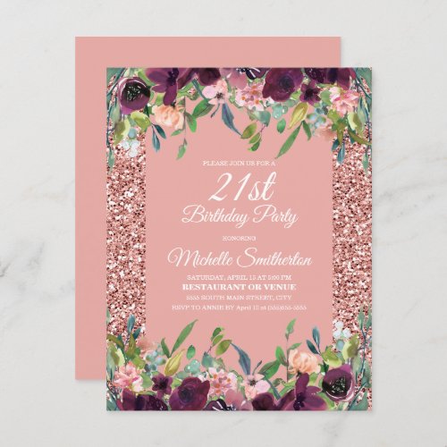 Pink Glitter Purple Floral 21st Birthday Card